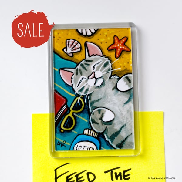 SALE - Sleeping Cat at the Beach Fridge Magnet, 3 x 2 inch