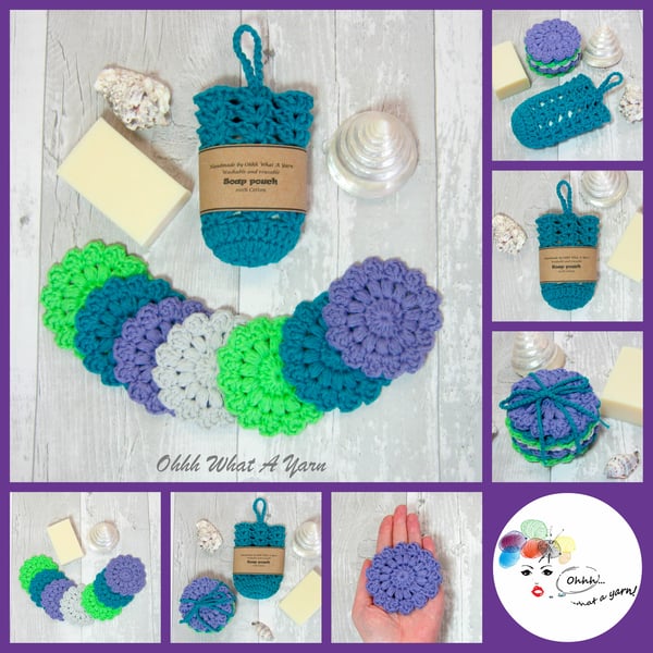 Cotton scrubbies and soap saver, soap pouch. Face wipes. Soap sock.