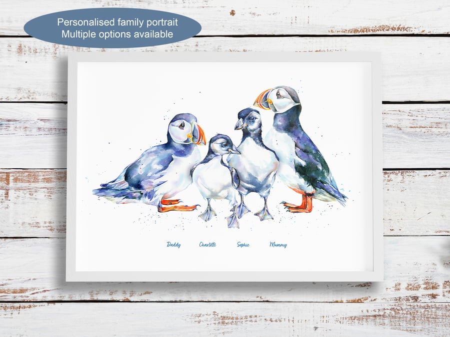 Personalised puffin family portrait - multiple print options - any name