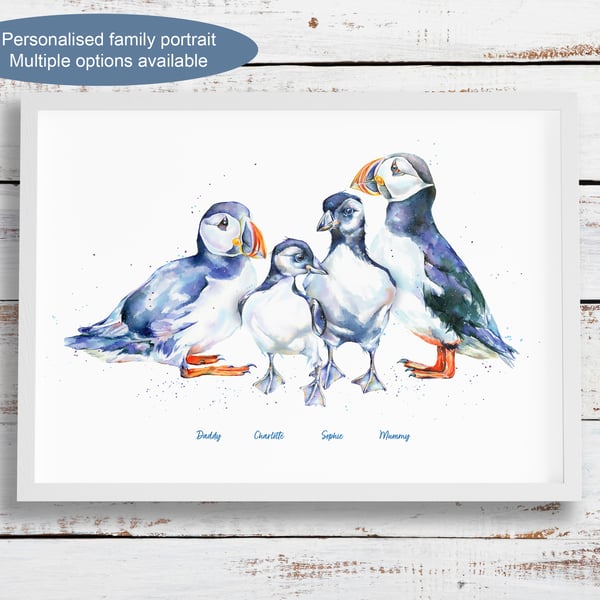 Personalised puffin family portrait - multiple print options - any name