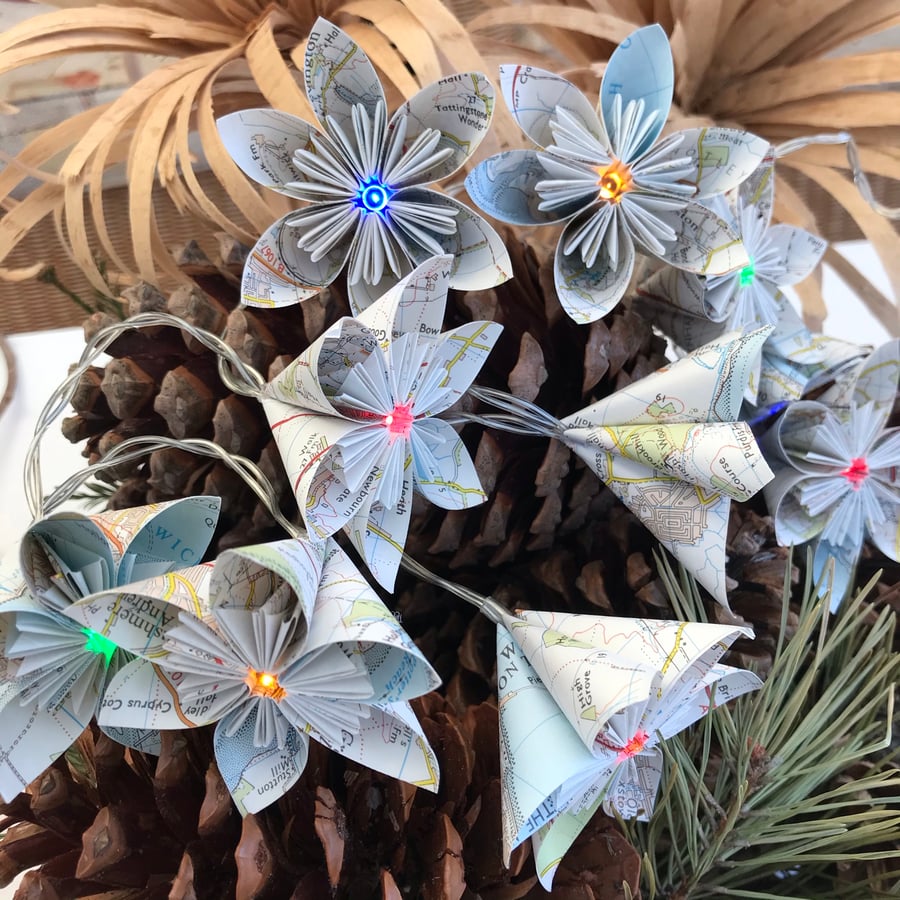 Map Paper Flower Fairy Lights - Ipswich & The Naze - Battery Operated