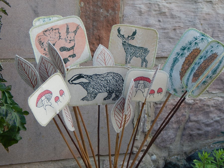 Woodland creatures - Screen printed fabric and willow flowers