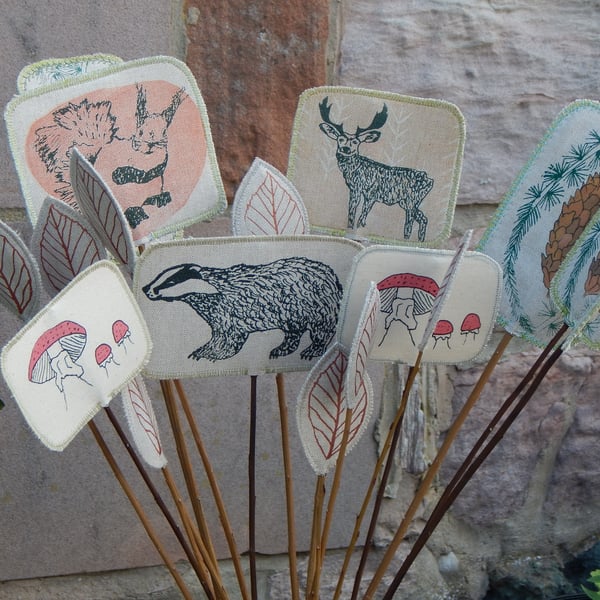 Woodland creatures - Screen printed fabric and willow flowers