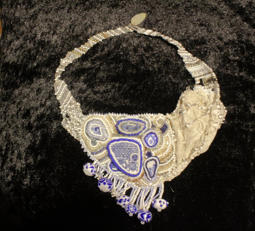 Blue and White Ceramic Pectoral with Vintage Lace