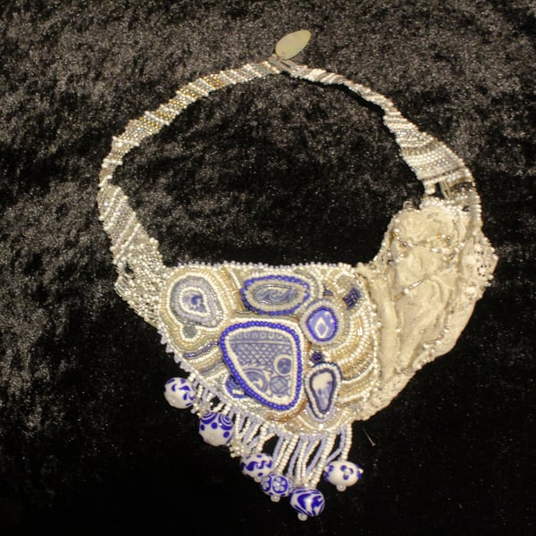 Blue and White Ceramic Pectoral with Vintage Lace