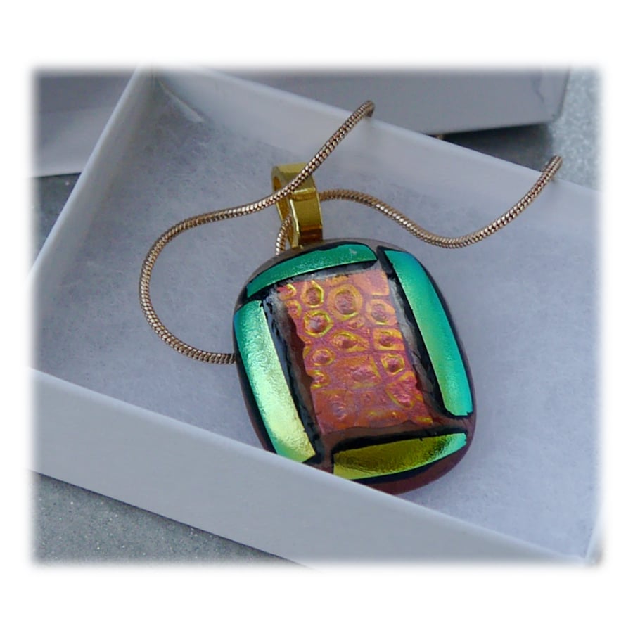 Dichroic Glass Pendant 107 Red Aqua gold bubbles Handmade with gold plated chain