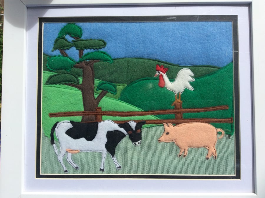 Appliqué farm Picture. Cow, Pig and Cockerel. 