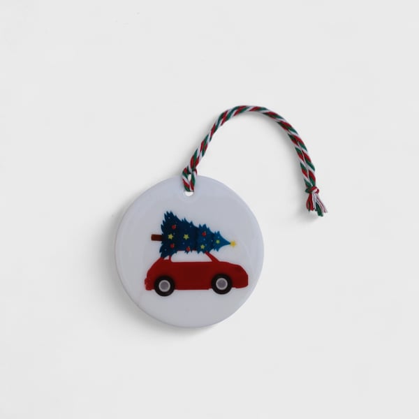 Red Car and Christmas Tree Round Ceramic Christmas Decoration Tree Ornament
