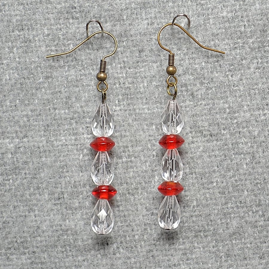 Red Glass and Glass Crystal Dangly Earrings