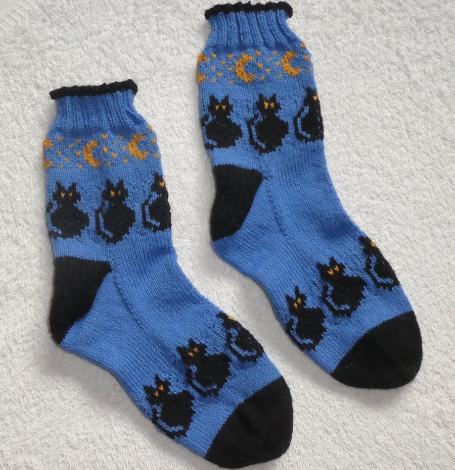Midnight Cats and Moons Knitting Pattern PDF. Socks 4ply Knitting.  PDF Pattern.