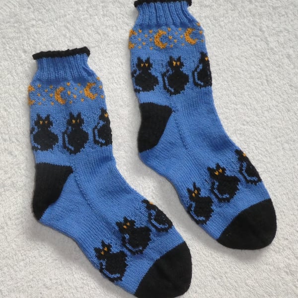 Midnight Cats and Moons Knitting Pattern PDF. Socks 4ply Knitting.  PDF Pattern.