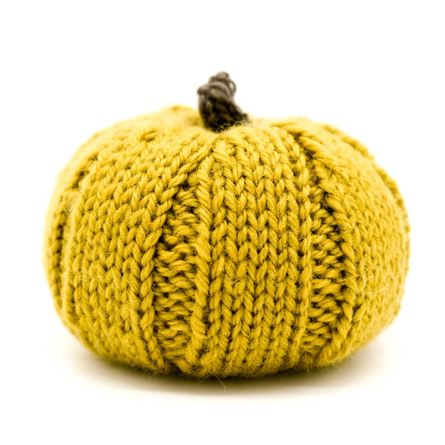 Hand knitted pumpkin pin cushion Ochre and Brown