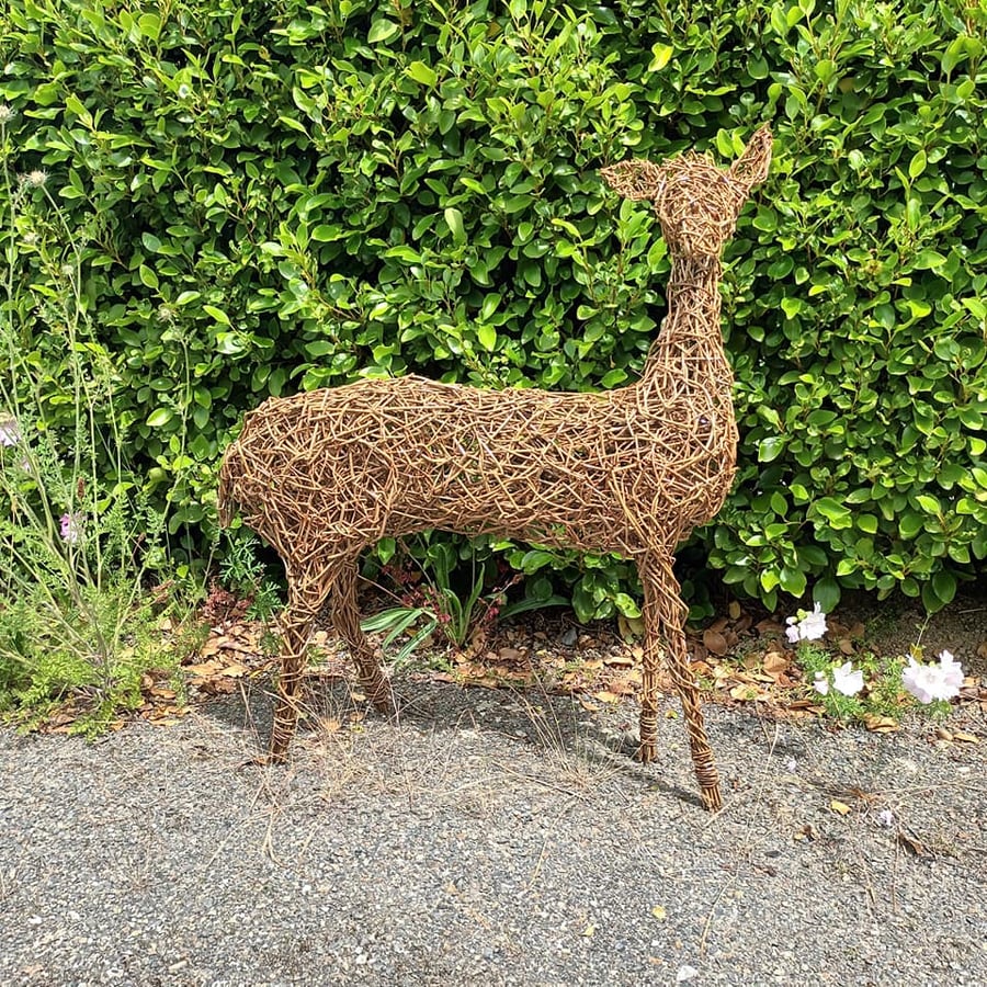 willow deer, doe, adult, reindeer, garden sculpture, Christmas, eco-friendly art