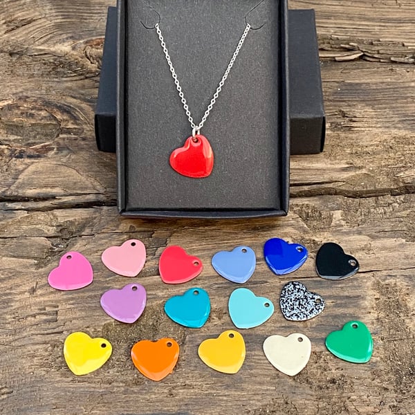 Bright enamel heart necklace. Sterling silver necklace 