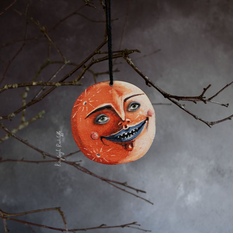 Orange full moon Halloween hanging decoration, made from wood