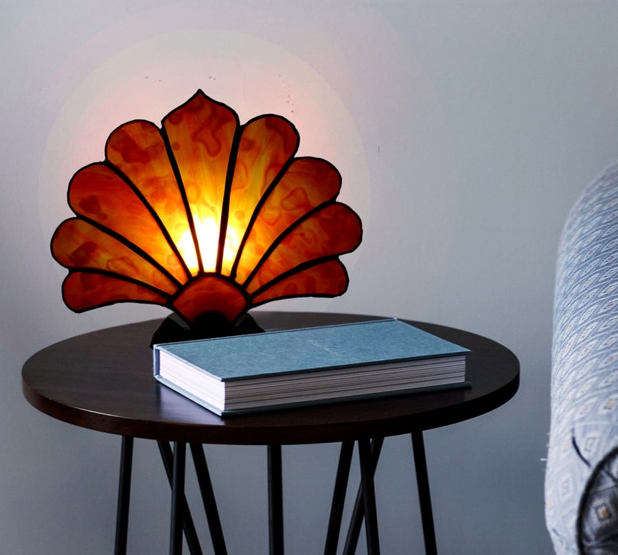  Stained Glass Tangerine Orange Art Nouveau Style Fan Lamp