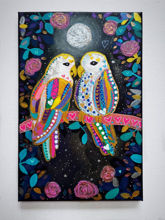 Lovebirds in the Moonlight Original Art on a black canvas