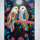 Lovebirds in the Moonlight Original Art on a black canvas