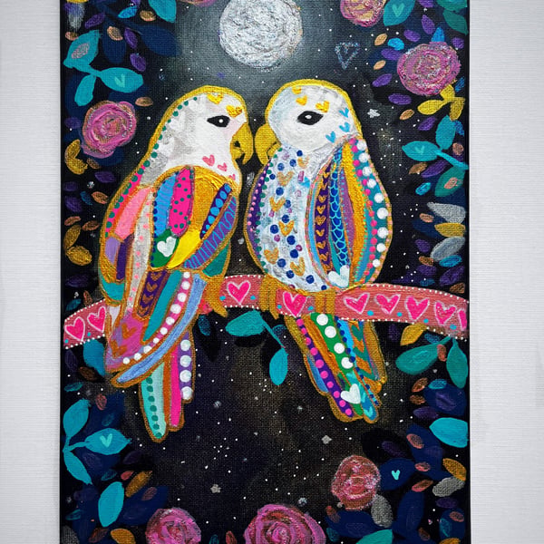 Lovebirds in the Moonlight Original Art on a black canvas