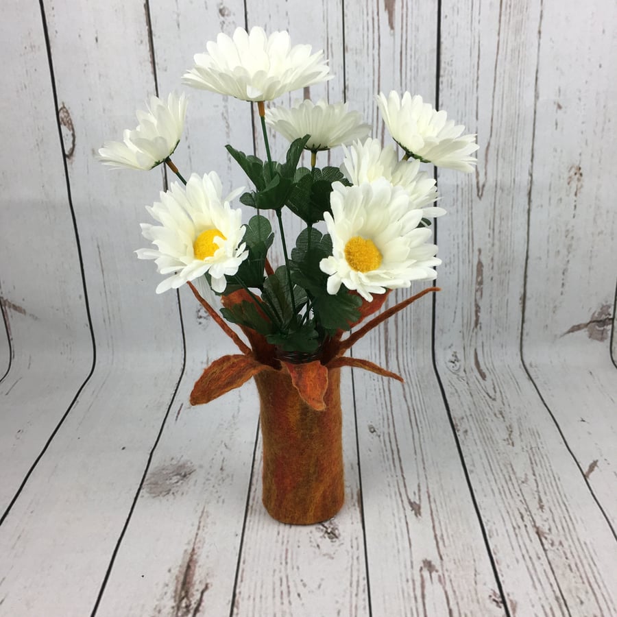 Orange felted flower vase, merino wool with glass bottle insert