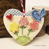 Ceramic heart floral decoration pottery bird, pottery loveheart 