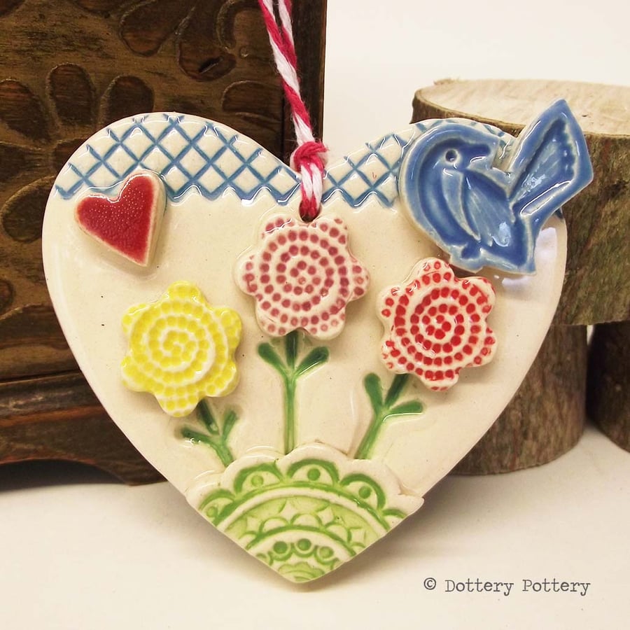 Ceramic heart floral decoration pottery bird, pottery loveheart 