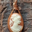 Vintage Cameo,  wire wrapped pendant in copper wire 