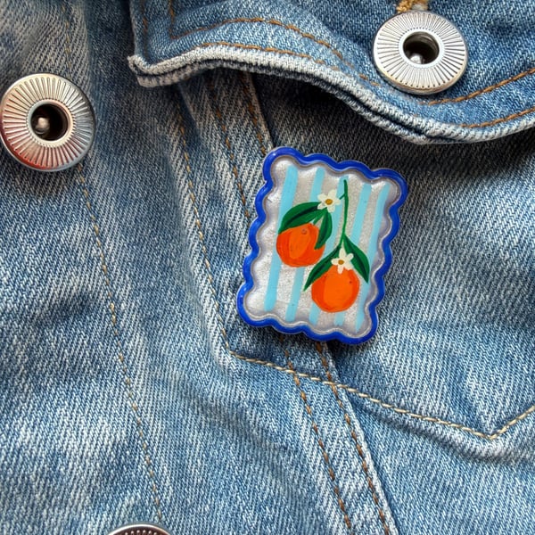 Orange Blossom Postage Stamp Polymer Clay Pin Badge