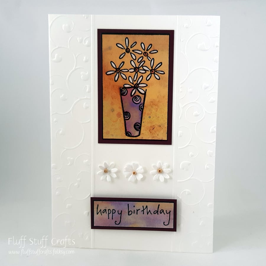 Handmade birthday card - vase of daisies