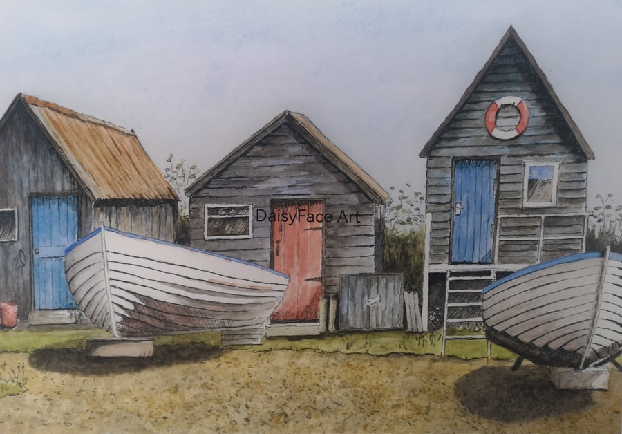 Beach Houses - Giclee print of original watercolour painting by Elaine Curtis