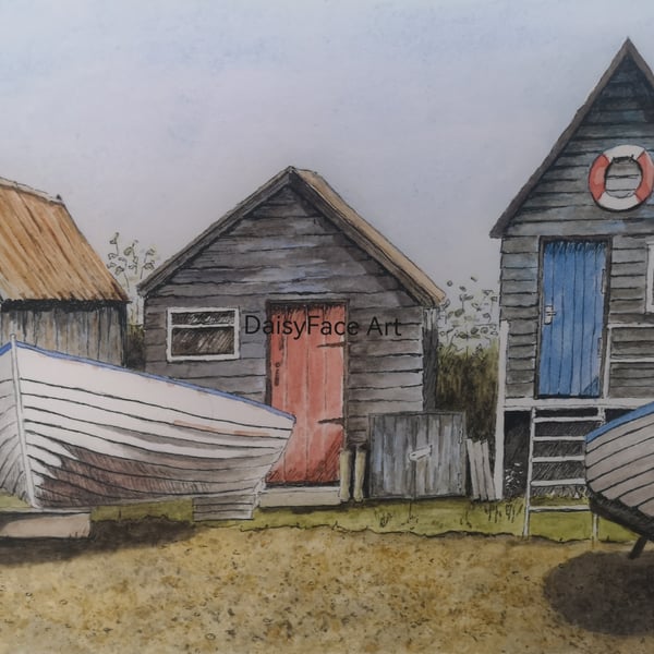 Beach Houses - Giclee print of original watercolour painting by Elaine Curtis
