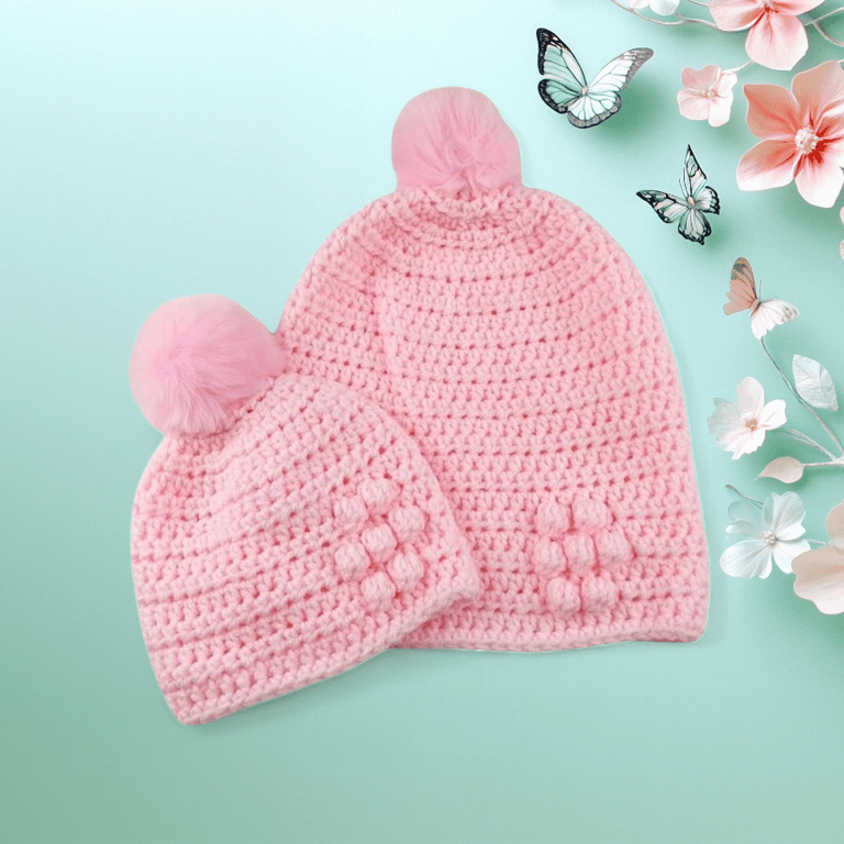 Pink Crochet Mum and Baby Beanie Set with Pompoms, Matching Winter Hats 