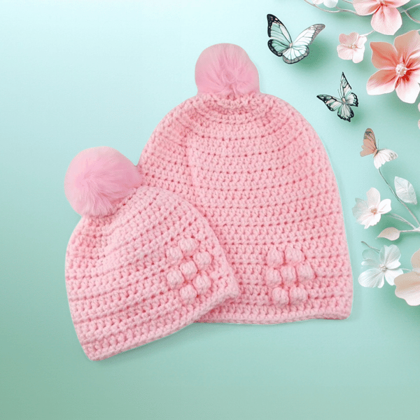 Pink Crochet Mum and Baby Beanie Set with Pompoms, Matching Winter Hats 