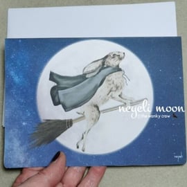 Hare Witch flying broomstick hare Pagan artwork greetings card by neyeli