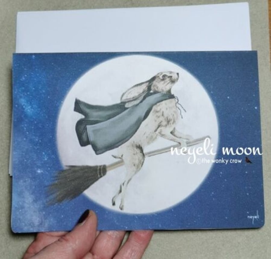 Hare Witch flying broomstick hare Pagan artwork greetings card by neyeli