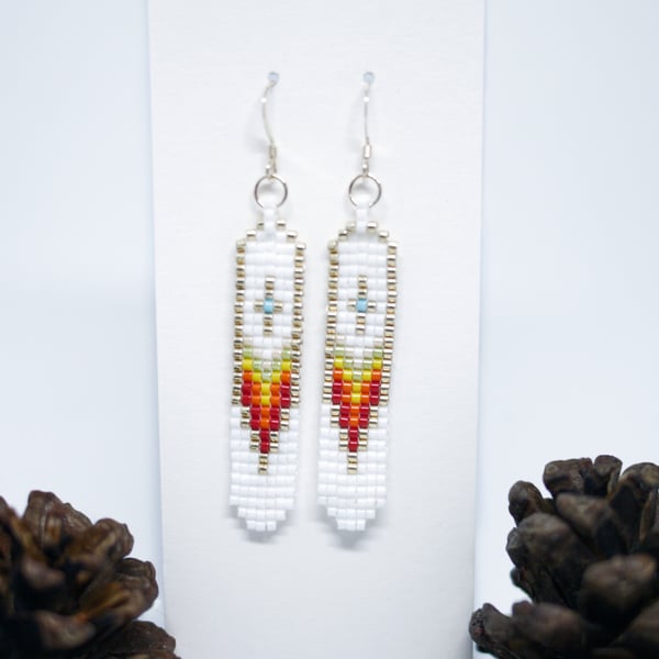 Native American Style Beaded Earrings. Red, Gold & White, Gold-Filled Wires