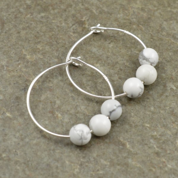 Boho 4mm White Grey Howlite Gemstone & 20mm Sterling Silver Hoop Earrings