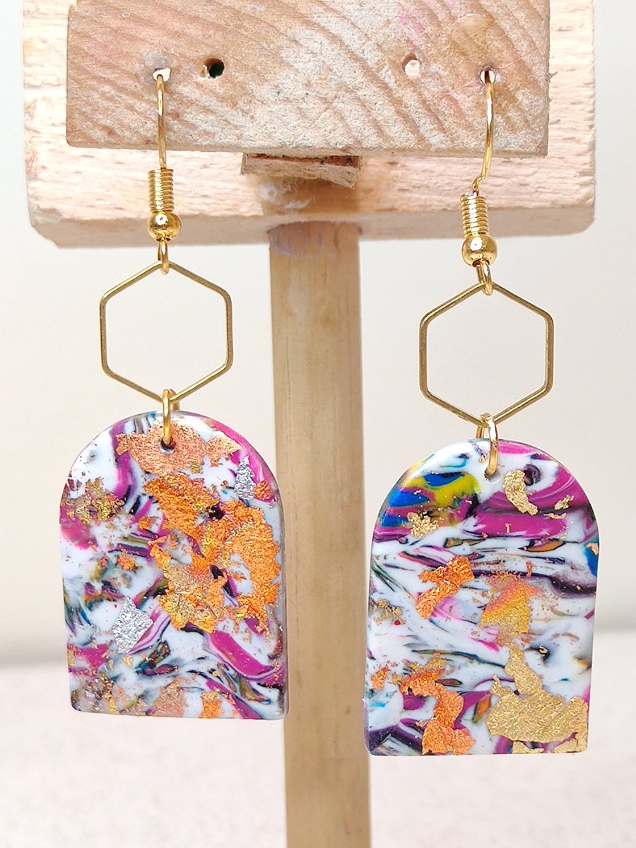 White rainbow scrap arch dangle earrings 