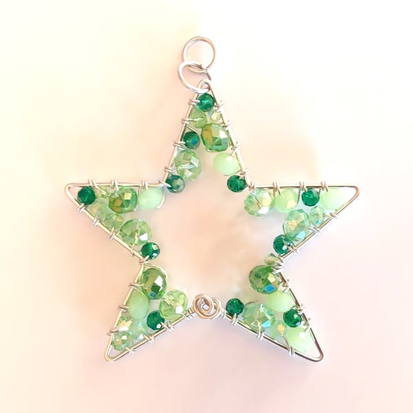 Handmade Wire Star with Assorted Green Beads Hanging Decoration or Sun Catcher