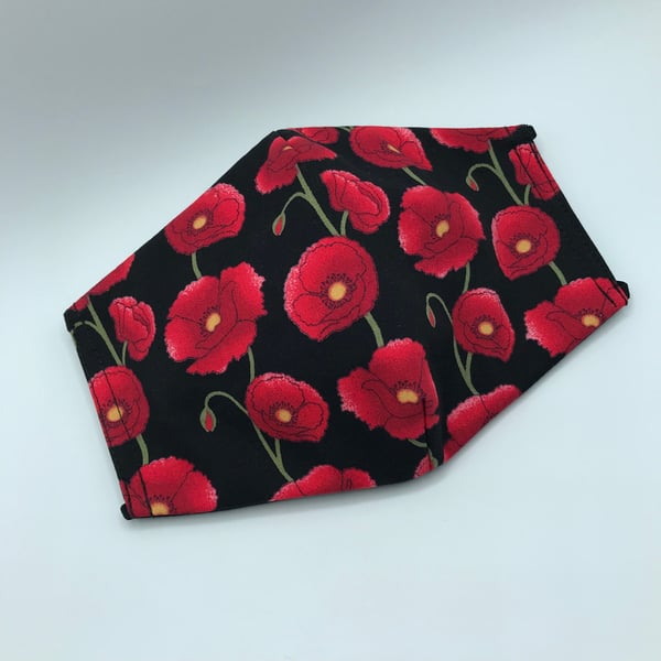 Red Poppies on Black Face Mask. Triple layered. 100 % Cotton Fabric.