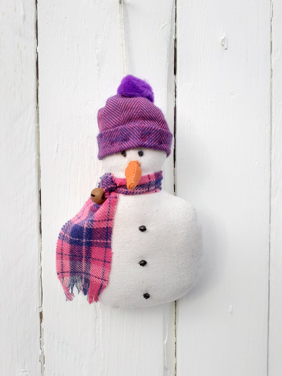 Handmade Snowman Hanging Decoration With Bobble Hat and Scarf