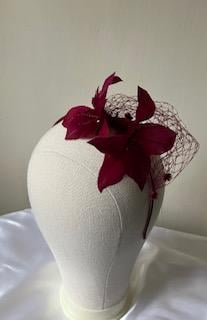 Jo - Claret Feather Flower Fascinator Headband with Merrywidow Veiling 