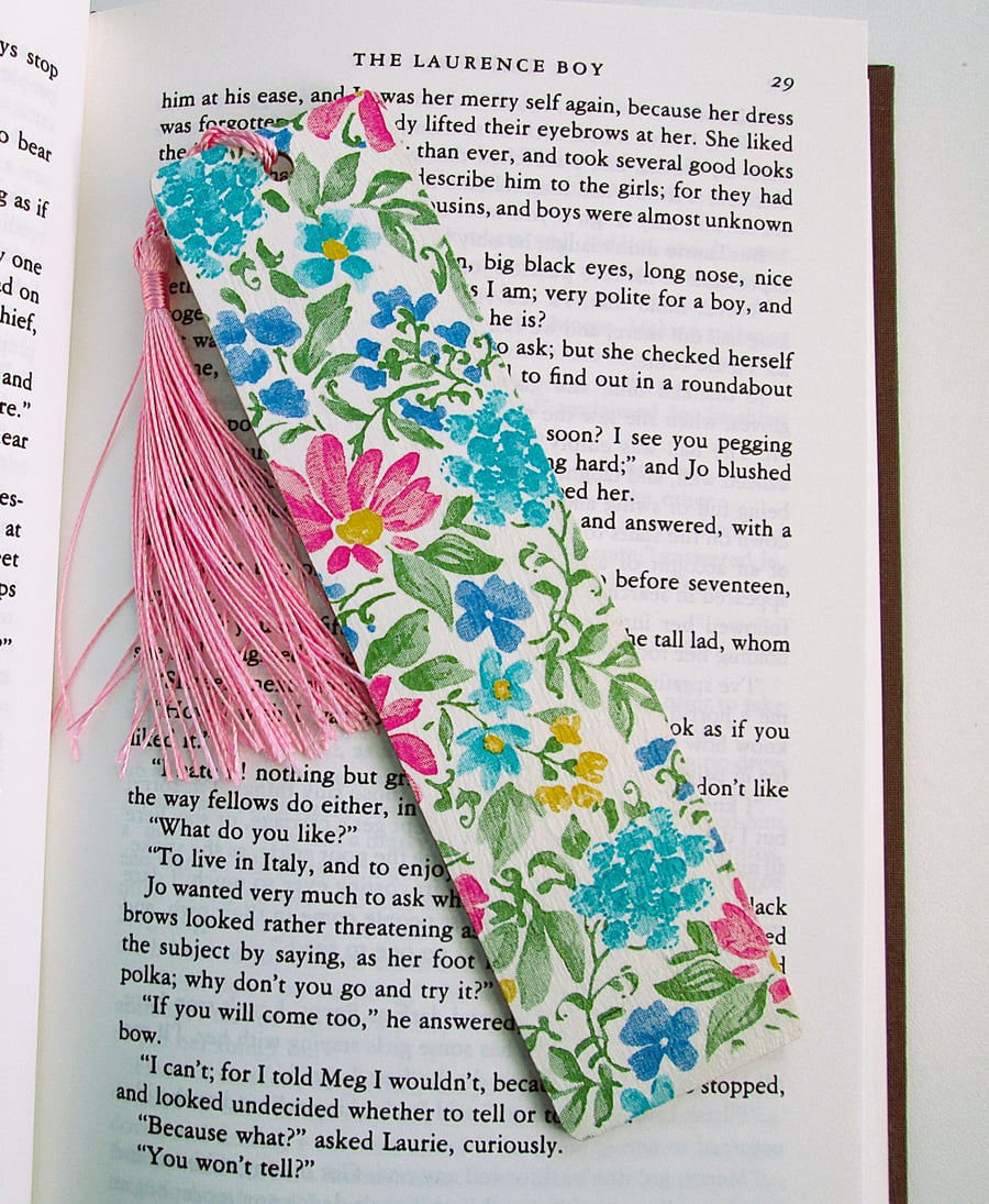 Pink and blue flowers wood decoupage bookmark with tassel