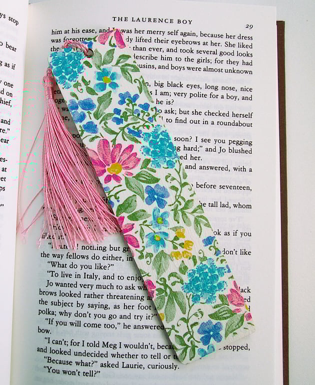 Pink and blue flowers wood decoupage bookmark with tassel