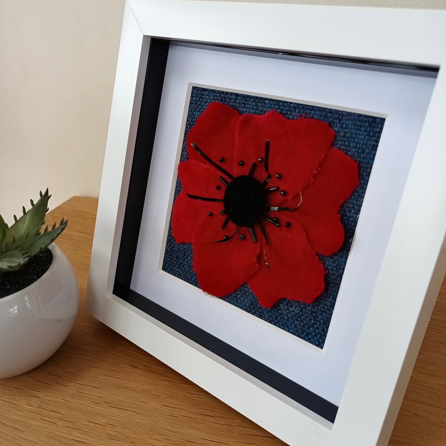 Poppy Flower Art 3D Collage Framed 6" x 6" Bright Ruby Red 