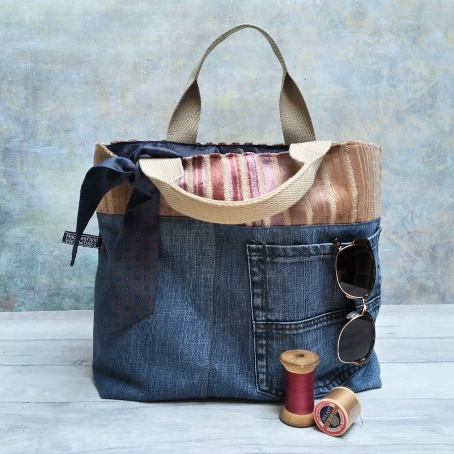 Recycled Denim Grab Bag with Chenille Trim