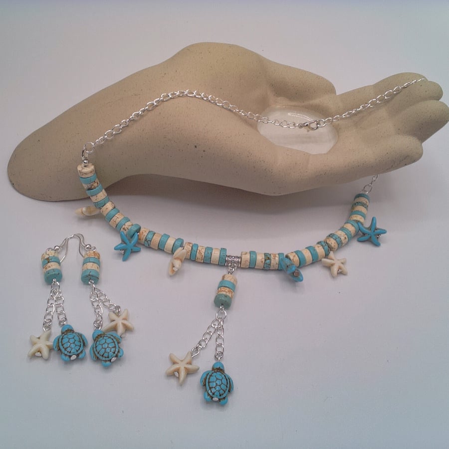 Blue and White Howlite Bead Starfish & Turtle Necklace & Earrings, Gift for Her