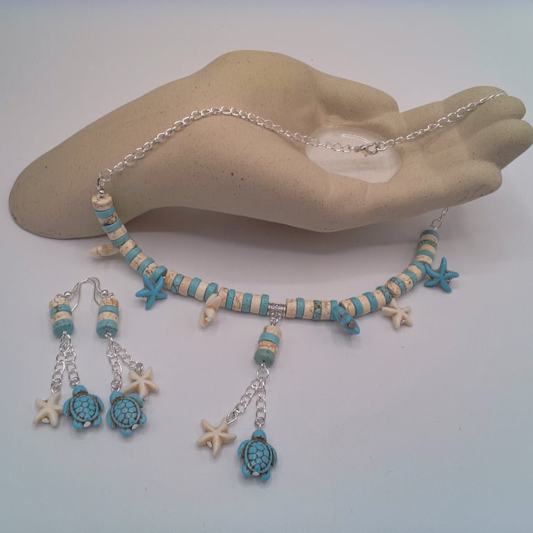 Blue and White Howlite Bead Starfish & Turtle Necklace & Earrings, Gift for Her