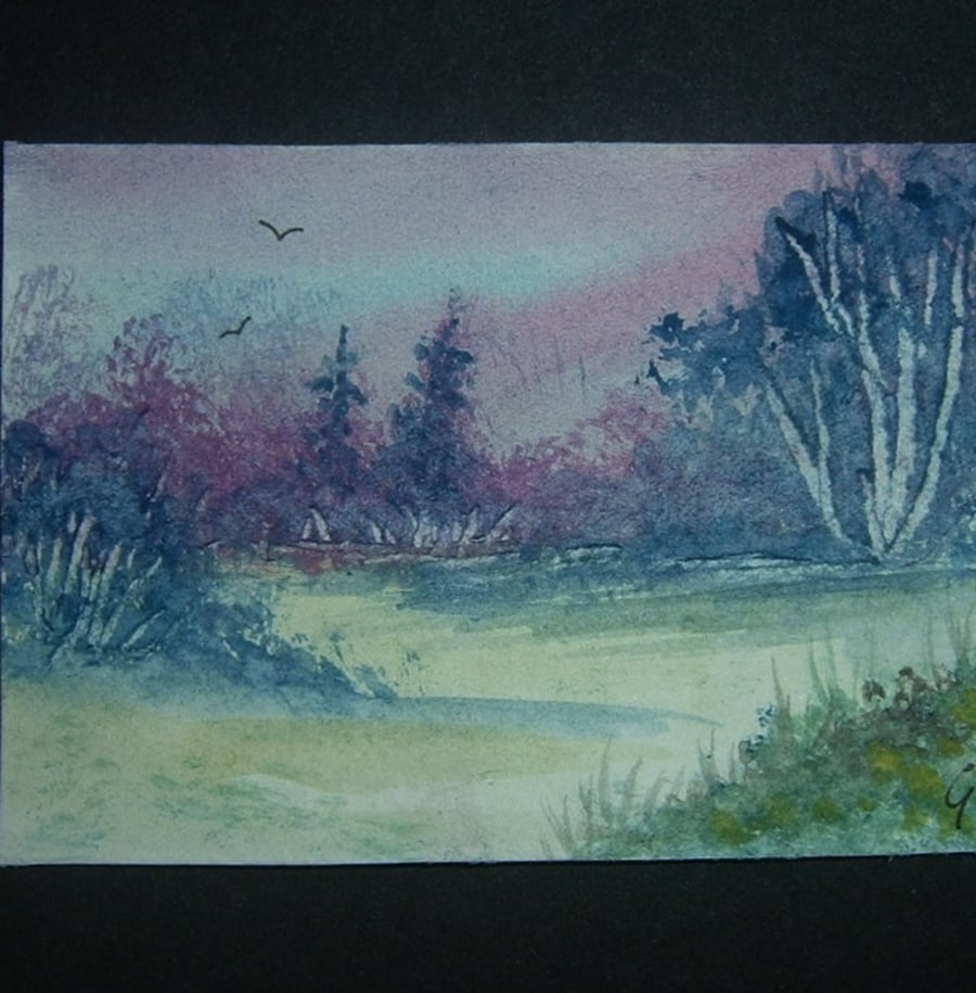 winter landscape art painting original aceo watercolour ref 312