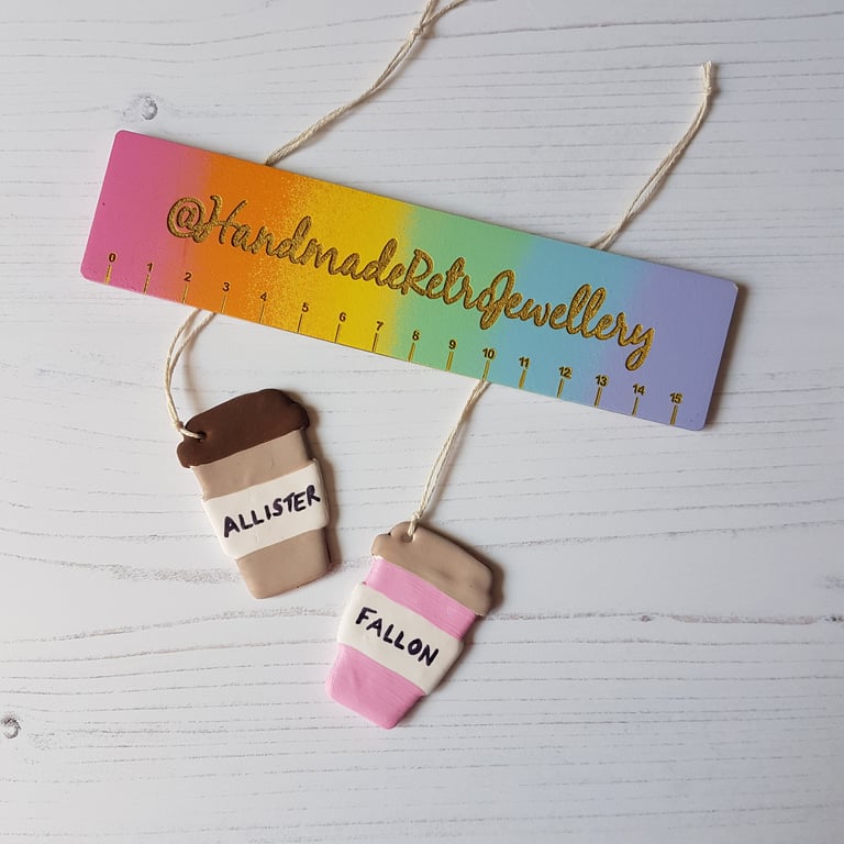 Personalised Travel Coffee Cup hanging decoration OR Magnet, Handmade, gift